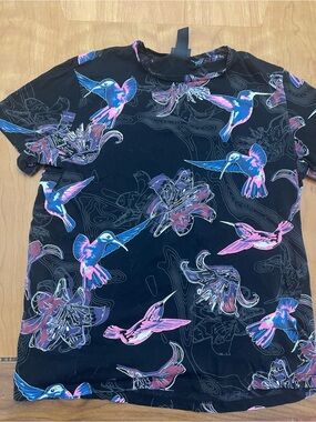 H&M Black Tee with Pink & Blue Floral Hummingbird Print